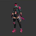 Cyberpunk Female Character With Pink Green Armor Goggles Mechanical Weapons Futuristic Sci Fi Outfit Design