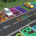 Eco Parking Lot With Colorful Sports Themed Ground Patterns Green Plants Flowers And Parked Cars