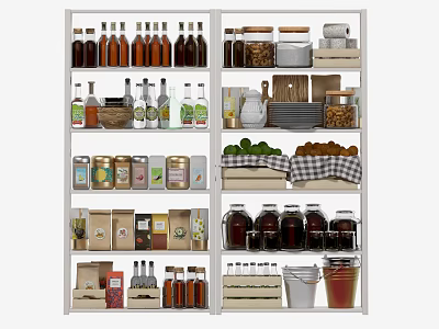 Organized Kitchenware Storage Shelf With Bottles Jars Boxes And Tools 3d model