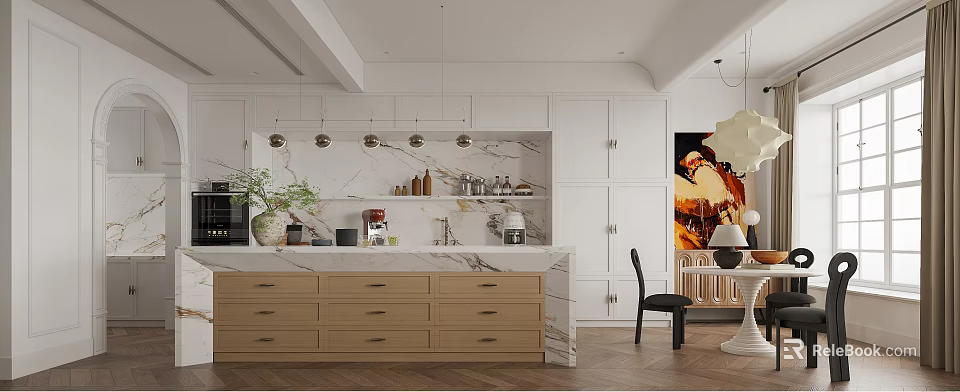 Modern Restaurant Kitchen Open Design With Marble Countertop White Cabinets Pendant Lights And Plants 3d model 