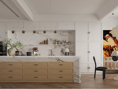 Modern Restaurant Kitchen Open Design With Marble Countertop White Cabinets Pendant Lights And Plants 3d model