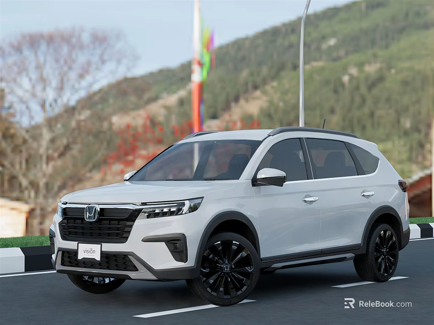 White SUV Car With Black Wheels Front Face Design On Mountain Road 3d model 