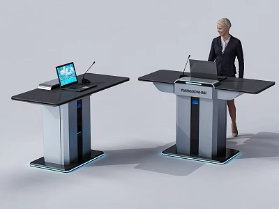 Modern Podium with Laptop Sleek Black Top Silver Base and Blue Lighting 3d model