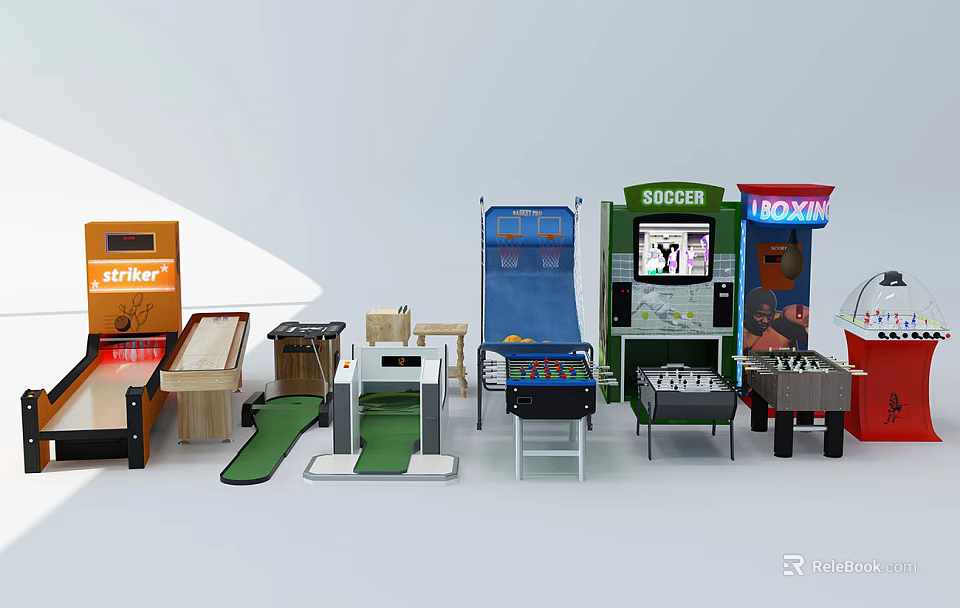 Diverse Entertainment Appliances Featuring Arcade Machines Foosball Tables Mini Golf And Boxing Games 3d model 