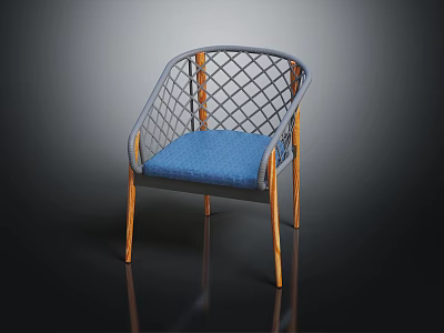 Casual Leisure Chair With Woven Backrest And Armrest Wooden Legs Blue Cushion 3d model