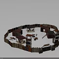 Circular Wooden Fence Enclosed Small Houses Tents Scattered Items And A Sign