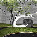 White Branch Shaped Sculpture In Modern Garden With Lawn Trees And Stone Wall