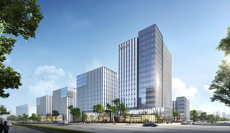 Modern Office Building Complex With Glass Curtain Walls And Surrounding Green Plants Along Road 3d model 
