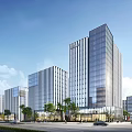 Modern Office Building Complex With Glass Curtain Walls And Surrounding Green Plants Along Road