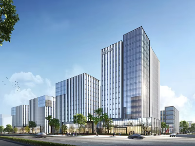 Modern Office Building Complex With Glass Curtain Walls And Surrounding Green Plants Along Road 3d model