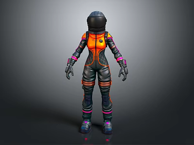 3D Model of Astronaut in Orange Black Spacesuit with Pink Purple Accents on Gray Background 3d model
