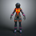 3D Model of Astronaut in Orange Black Spacesuit with Pink Purple Accents on Gray Background