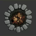 Stone Circle With Wooden Fire Pit Burning Flames And Glowing Embers