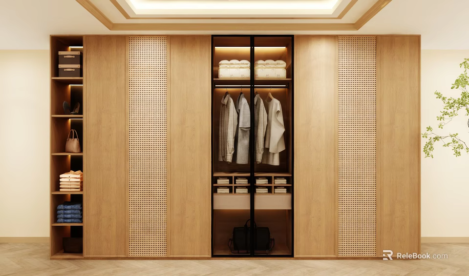 Modern Wardrobe Interior With Wooden Panels Glass Doors And Hanging Clothes Shelves 3d model 