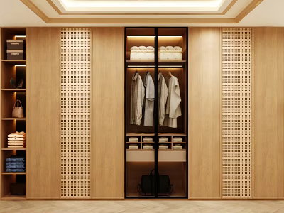Modern Wardrobe Interior With Wooden Panels Glass Doors And Hanging Clothes Shelves 3d model