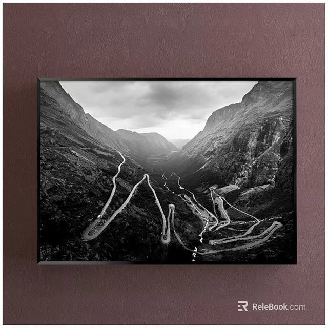 Black and White Mountain Valley Landscape Painting With Winding Roads Framed Wall Art 3d model 