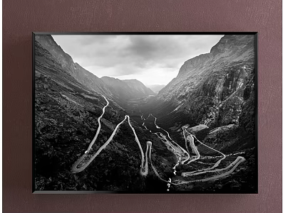 Black and White Mountain Valley Landscape Painting With Winding Roads Framed Wall Art 3d model