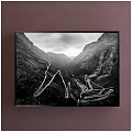Black and White Mountain Valley Landscape Painting With Winding Roads Framed Wall Art