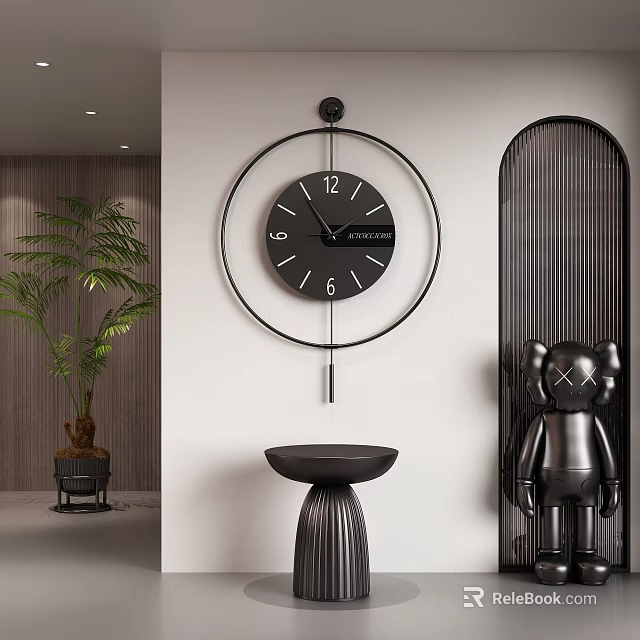 Modern Black Wall Clock In Interior With Plant And Sculpture 3d model 