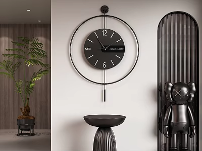 Modern Black Wall Clock In Interior With Plant And Sculpture 3d model