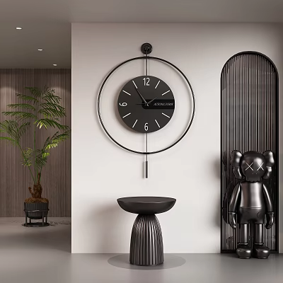 Modern Black Wall Clock In Interior With Plant And Sculpture 3d model Modern Black Wall Clock In Interior With Plant And Sculpture 3d model