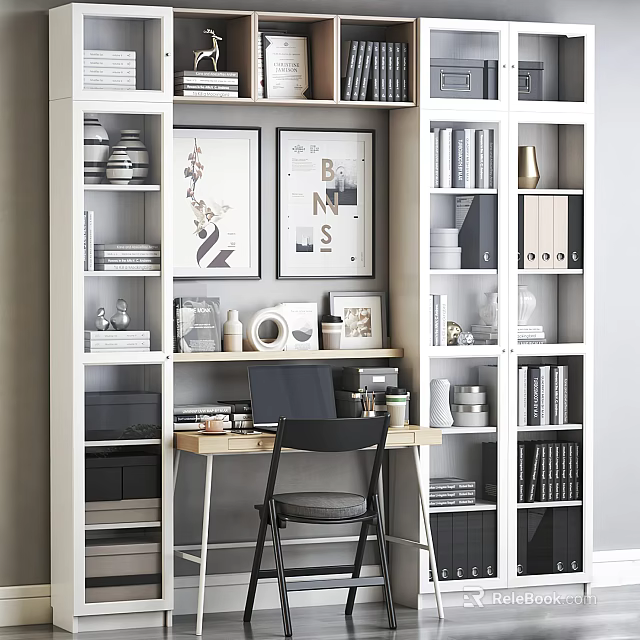 Stylish Home Office Desk With Bookshelves Framed Art And Decorative Items 3d model 