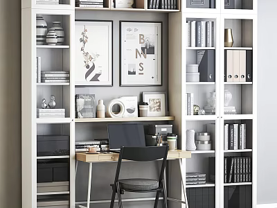 Stylish Home Office Desk With Bookshelves Framed Art And Decorative Items 3d model