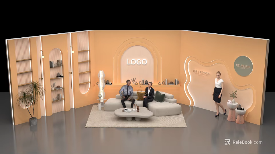 Public Office Space With Orange Walls Arched Design Sofa Area And Plants 3d model 