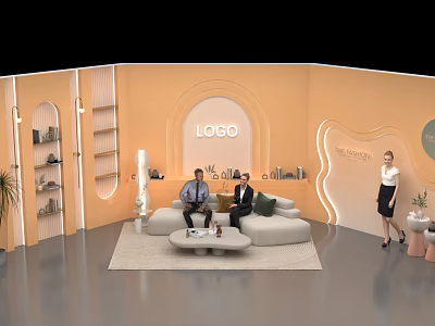 Public Office Space With Orange Walls Arched Design Sofa Area And Plants 3d model