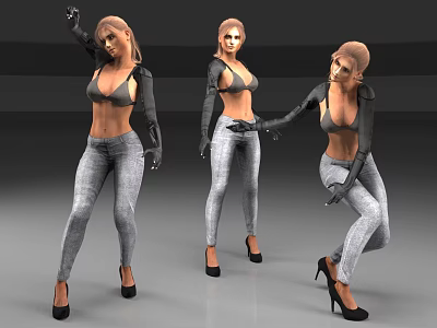 Woman in Various Poses Wearing Gray Sweatpants Black Top Black High Heels and Gloves 3d model