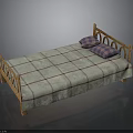 Wooden Bed Frame With Carved Headboard Plaid Bedspread And Purple Plaid Pillows