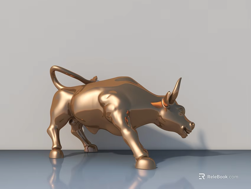 Golden Bull Sculpture In Charging Pose With Shiny Metallic Finish 3d model 
