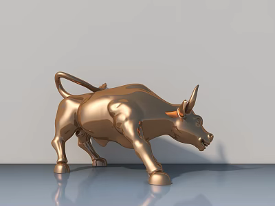 Golden Bull Sculpture In Charging Pose With Shiny Metallic Finish 3d model