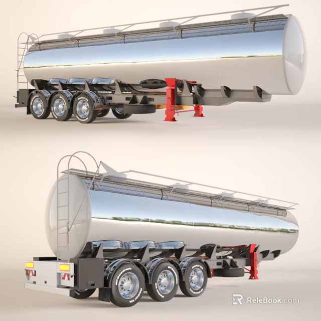 Large Silver Tanker Truck With Multiple Wheels And Red Supports Structure 3d model