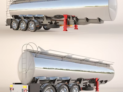 Large Silver Tanker Truck With Multiple Wheels And Red Supports Structure 3d model