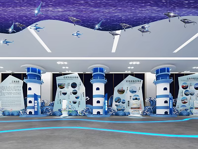 Ocean Themed Exhibition Hall Interior With Hanging Fish Models And Blue Display Pillars 3d model