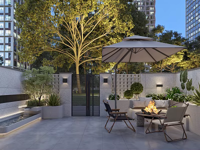 Outdoor Garden Landscape With Large Tree Umbrella Seating Fire Pit Green Plants And Modern Buildings 3d model