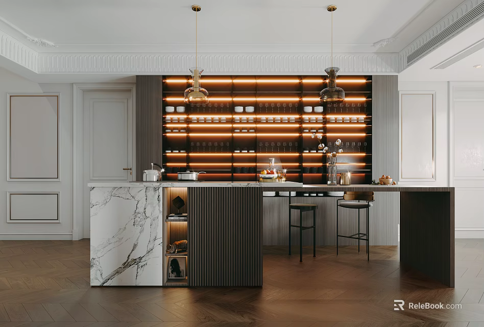 Elegant Modern Bar Area With Marble Countertop Black White Design Hanging Lights And Bar Stools 3d model 