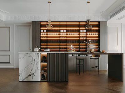 Elegant Modern Bar Area With Marble Countertop Black White Design Hanging Lights And Bar Stools 3d model