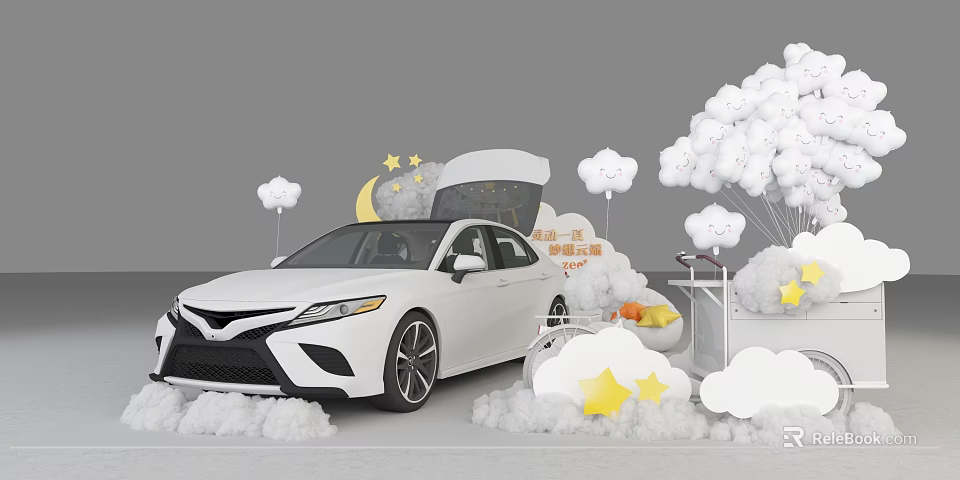 White Car Display With Clouds Stars Balloons And Children's Theme Decorations 3d model 