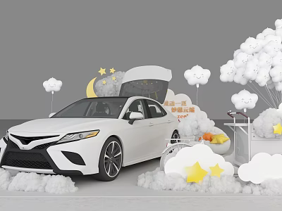 White Car Display With Clouds Stars Balloons And Children's Theme Decorations 3d model