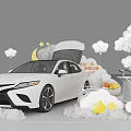 White Car Display With Clouds Stars Balloons And Children's Theme Decorations