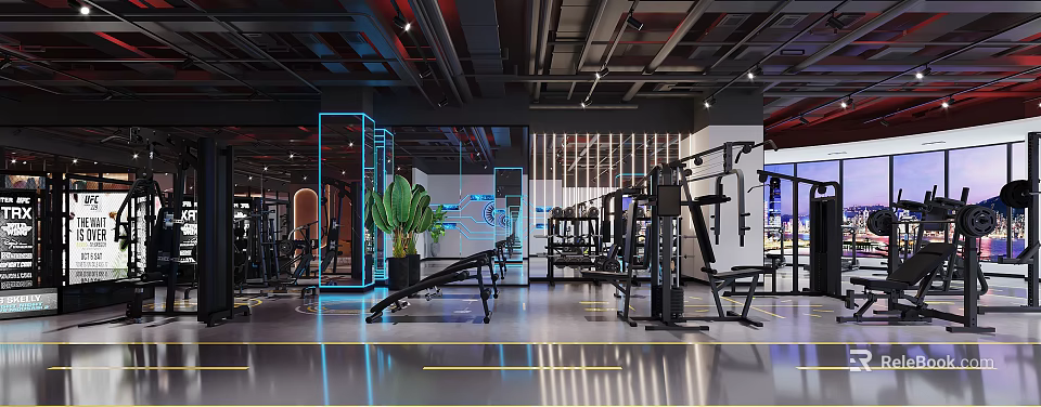 Modern Gym Interior With Professional Fitness Equipment Mirrored Walls And Bright Lighting 3d model 