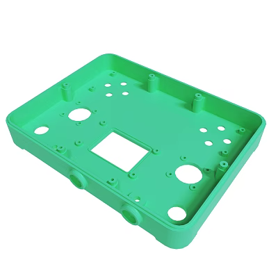 Green Plastic Structural Part With Multiple Holes Protrusions And Square Opening 3d model