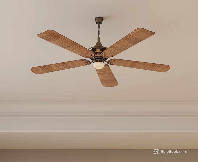 Wooden Bladed Ceiling Fan With Light Fixture Mounted On Decorative Ceiling Molding 3d model 