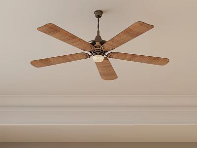 Wooden Bladed Ceiling Fan With Light Fixture Mounted On Decorative Ceiling Molding 3d model