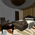 Elegant Hotel Room Interior With King Bed Brown Sofa Chandelier And Leaf Patterned Rug
