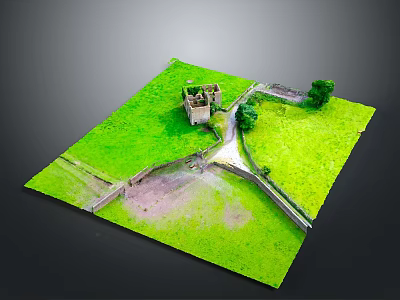 Miniature Castle Model on Scenic Green Grassland With Pathway and Trees 3d model