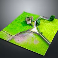Miniature Castle Model on Scenic Green Grassland With Pathway and Trees