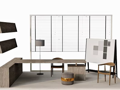 Modern Wooden Office Desk With Floor Lamp Chairs Flip Chart And Blinds 3d model